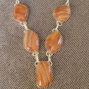 Brown Red Orange Natural Stone Necklace. Colorful Jasper 925 silver necklace